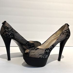 Stuart Weitzman Lillie Nude Luxe Lace Peep‎ Toe Platform Heels Size 10